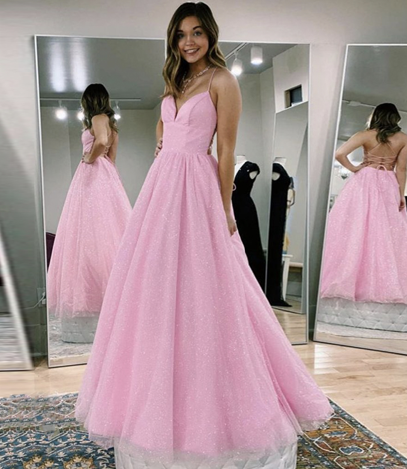 Pink tulle sequins long A line prom dress evening dress