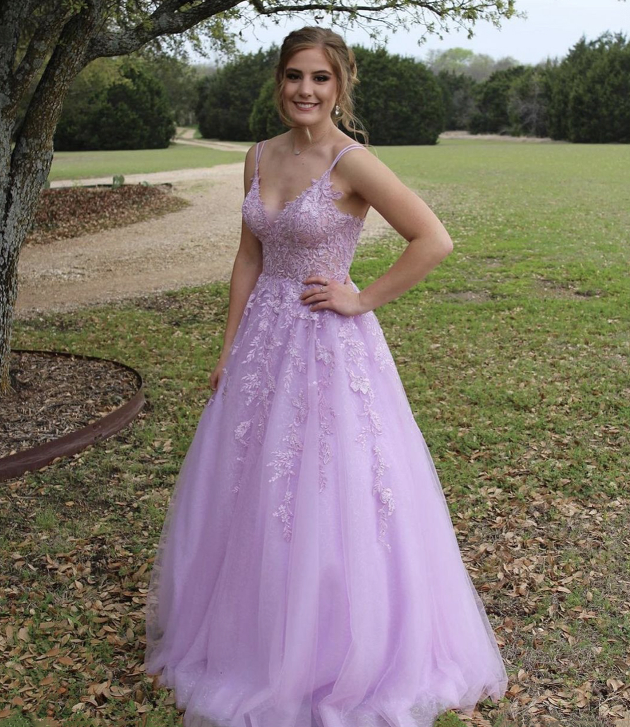 Purple lace long A line prom dress evening dress