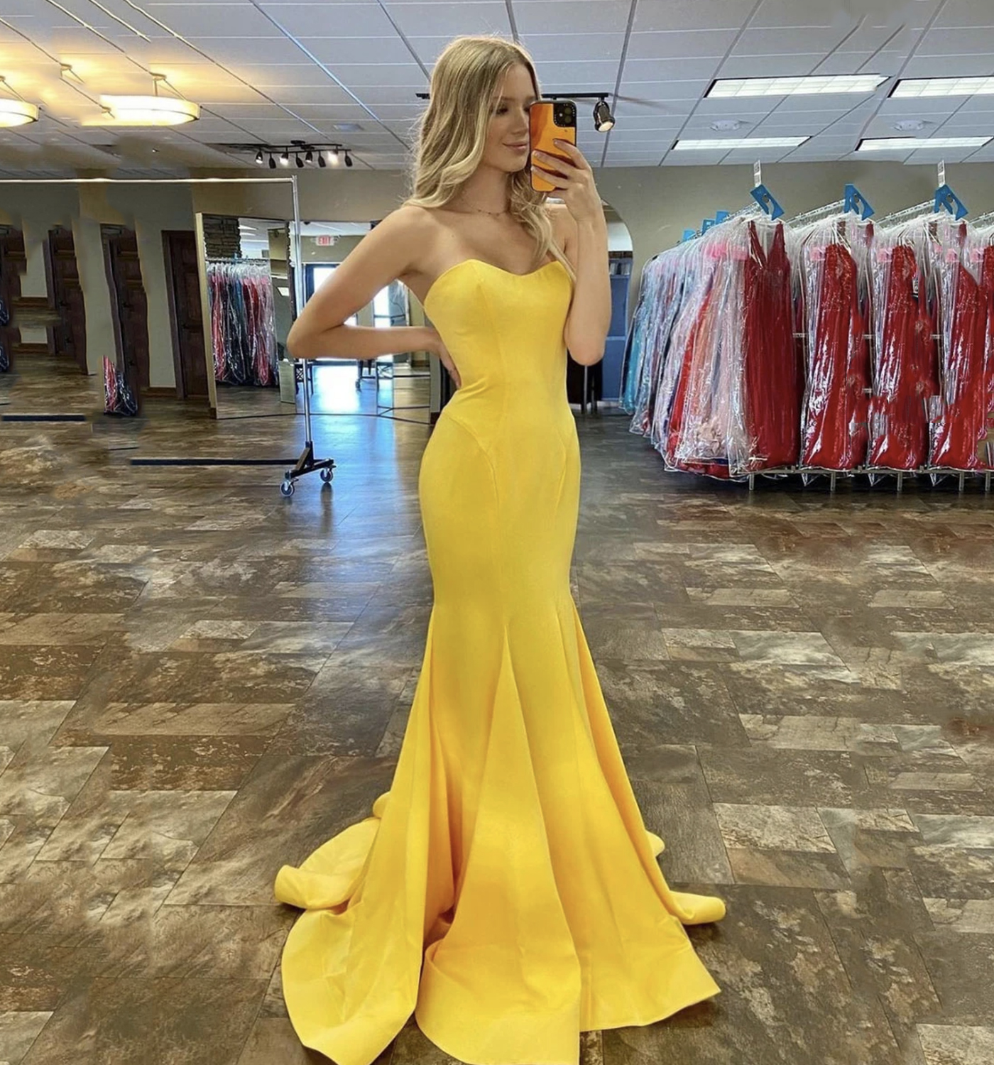 Yellow satin long prom dress mermaid evening dress