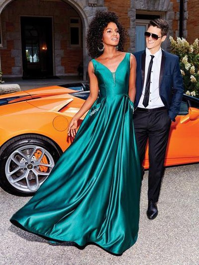 Elegant V Neck Dark Green Satin Long Prom Dresses with Pockets