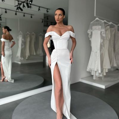 Mermaid off the shoulder white satin long prom dresses with high slit - Thumbnail 3