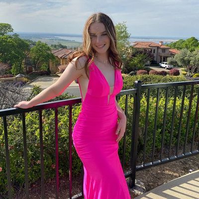Mermaid V Neck Hot Pink Satin Long Prom Dresses with Slit