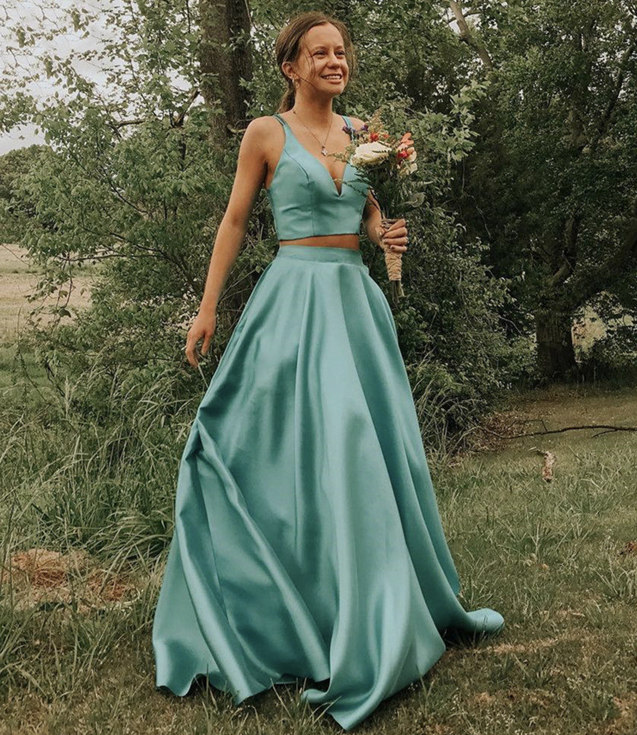 Cute satin long A line prom dress evening dress