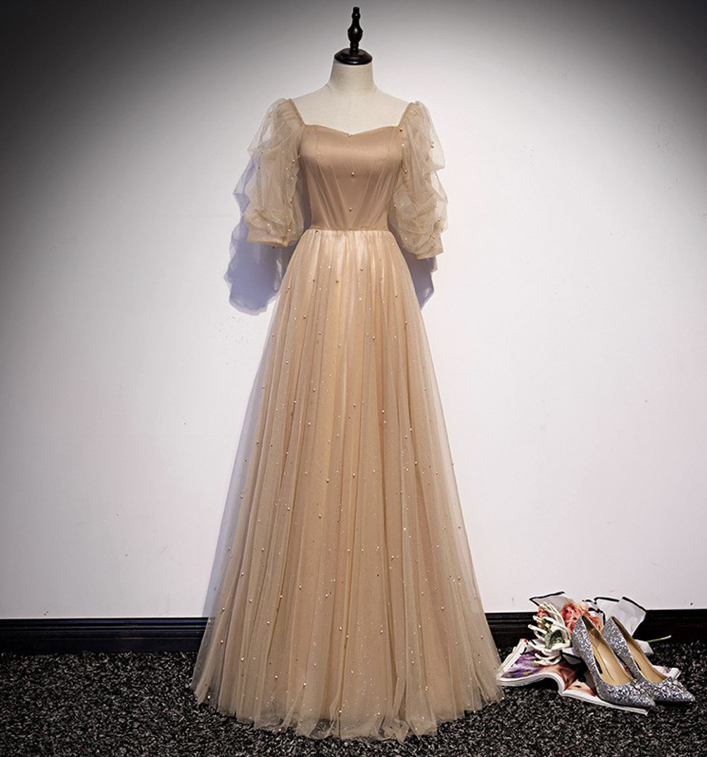 Cute tulle beads long A line prom dress evening dress