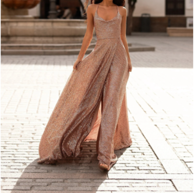 Rose Gold A-Line Sequin Prom Gown with Cowl Neck & Side Slit,426