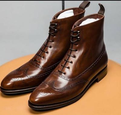 New Handmade Dark Brown Wingtip Ankle high Boot, Brogue Leather Lace Up Boot