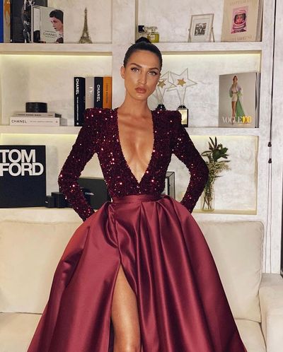 Glitter A-Line V Neck Long Sleeve Burgundy Sequin Satin Skirt Long Prom Dresses with Slit and Pockets