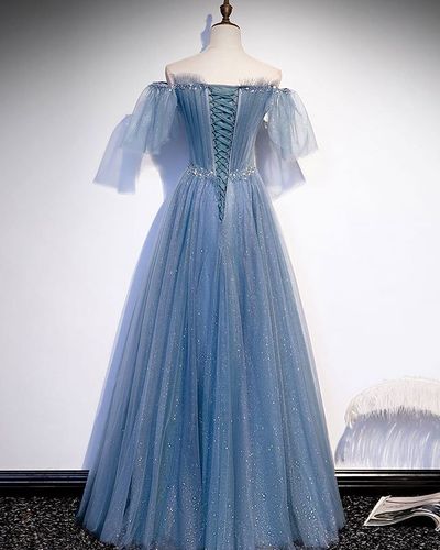 Sparkly Gorgeous A Line Off the Shoulder Dusty Blue Tulle Prom Dresses with Beading