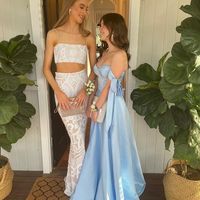Sweetheart A-Line Sky Blue Satin Long Prom Dresses Formal Gown - Thumbnail 1