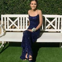 Navy Blue Sequin Long Prom Dresses Mermaid Cross Back Evening Party Dresses - Thumbnail 2
