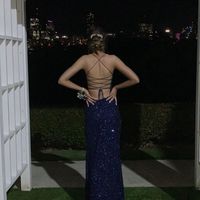 Navy Blue Sequin Long Prom Dresses Mermaid Cross Back Evening Party Dresses - Thumbnail 1