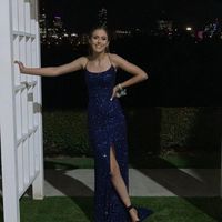 Navy Blue Sequin Long Prom Dresses Mermaid Cross Back Evening Party Dresses - Thumbnail 3