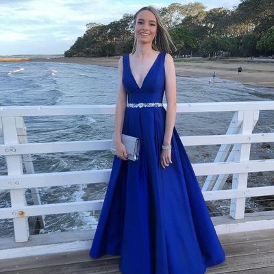 Elegant a-line v neck royal blue satin long prom dresses - Thumbnail 2