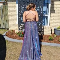 Glitter A-Line V Neck Cross Back Navy Blue Sparkly Satin Long Plus Size Prom Dresses - Thumbnail 1