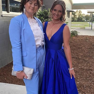 Simple a-line v neck royal blue satin long prom dresses - Thumbnail 4