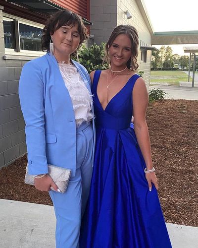 Simple A-Line V Neck Royal Blue Satin Long Prom Dresses