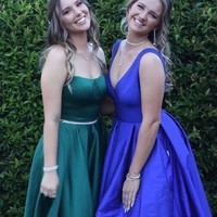 Simple A-Line V Neck Royal Blue Satin Long Prom Dresses - Thumbnail 2