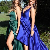 Simple A-Line V Neck Royal Blue Satin Long Prom Dresses - Thumbnail 3