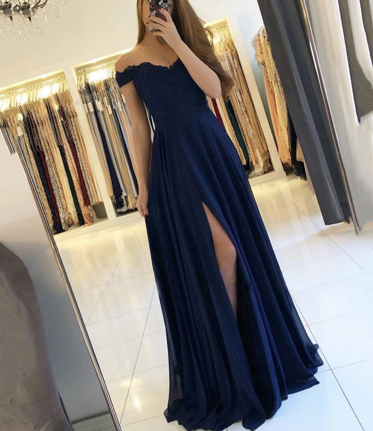 Cute chiffon lace long A line prom dress evening dress