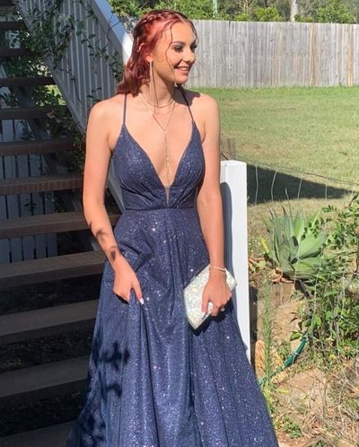 Sparkly A-Line V Neck Navy Blue Sequin Long Prom Dresses