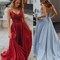 Elegant A-Line V Neck Satin Long Prom Dresses Evening Dresses - Thumbnail 1