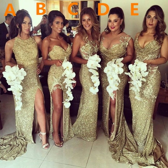 Sexy Gold Sequins Bridesmaid Dresses Side Slit Sparkly Wedding Party Dress,BD202102
