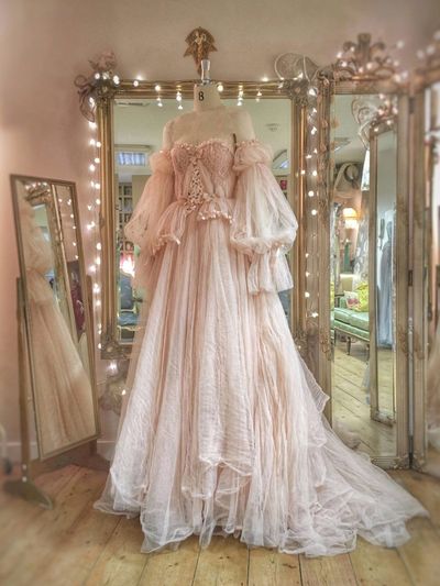 Princess Pink tulle Ruffles Long Prom Dress,Wedding Gown with Bubble Sleeves,960