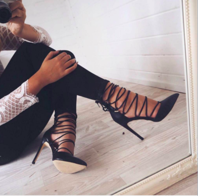 Black Lace-Up Pointed-Toe High Heel Stilettos S-410