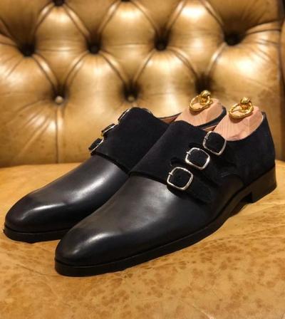 New Handmade Black Triple Monk Strap Leather Suede Men's Shoes