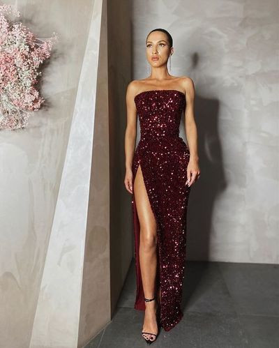 Glitter Mermaid Strapless Sequin Long Evening Dresses with High Slit Formal Prom Dresses