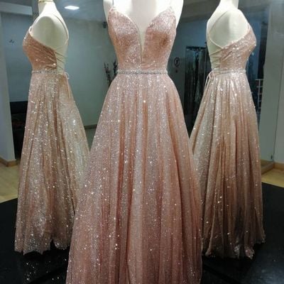 V neck blush pink sequin long prom dresses with beading - Thumbnail 2