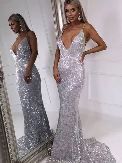 Sexy Mermaid V Neck Backless Silver Sequin Long Prom Dresses