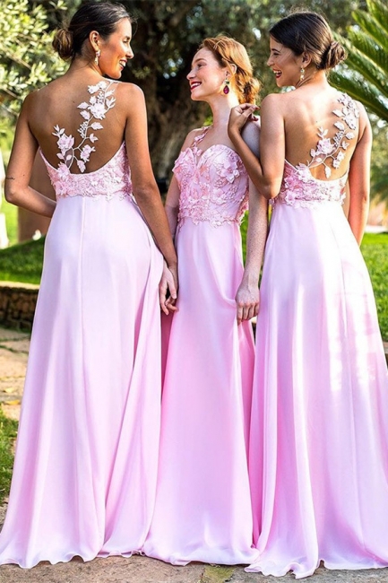 Elegant One Shoulder A-line Bridesmaid Dresses | Pink Flowers Chiffon Bridesmaid Dress,BD202115