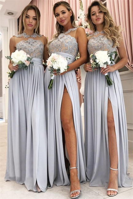 Glamorous A-Line Sleeveless Bridesmaid Dresses | Chiffon Side Slit Lace Evening Dress,BD202117