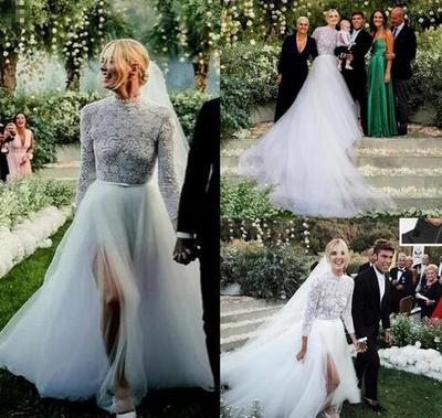 Beach Boho Lace Top A Line Wedding Dresses High Neck Tulle Skirt Split Sides Country Style Cheap Plus Size Wedding Gowns,442