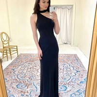 Elegant Sheath Halter Black Elastic Satin Evening Party Dress, Black Prom Dress - Thumbnail 1