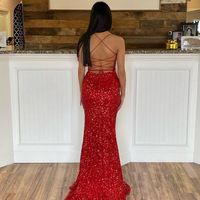 Red Sparkly Mermaid Sequins Prom Dress, Cross Back Split Prom Dresses for Senior - Thumbnail 1