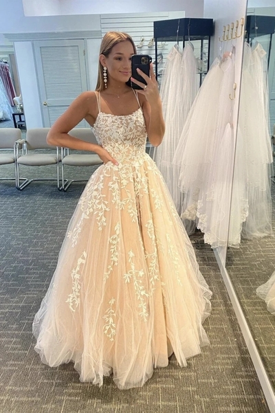 Charming A-Line Scoop Neck Champagne Tulle Long Prom Dresses