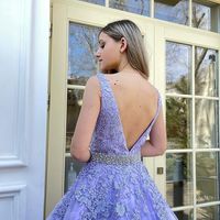A-Line V Neck Lavender Tulle Lace Prom Dresses Formal Evening Gown - Thumbnail 1