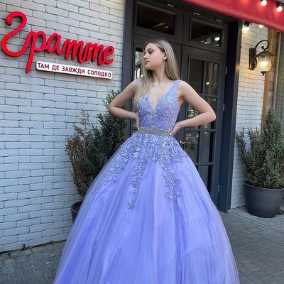 A-line v neck lavender tulle lace prom dresses formal evening gown - Thumbnail 1