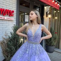 A-Line V Neck Lavender Tulle Lace Prom Dresses Formal Evening Gown - Thumbnail 2