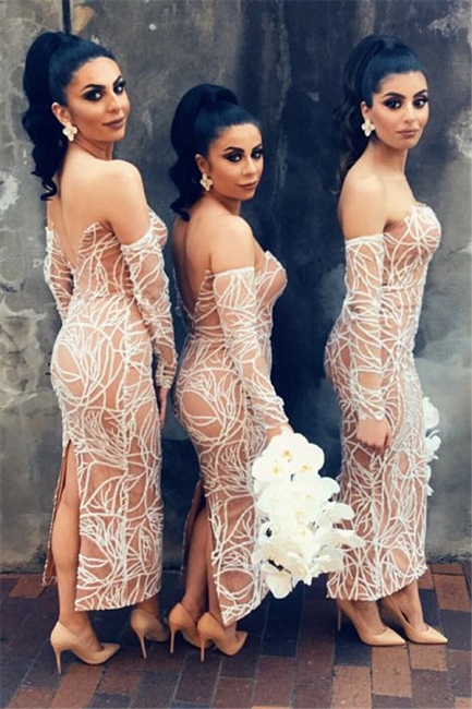 Sexy Bridesmaid Dresses | Long Sleeve Back Slit Strapless Wedding Party Dresses,BD202118