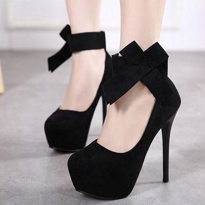 Ankle Bowknot Strap Round Toe Low Cut Stiletto High Heels S-419