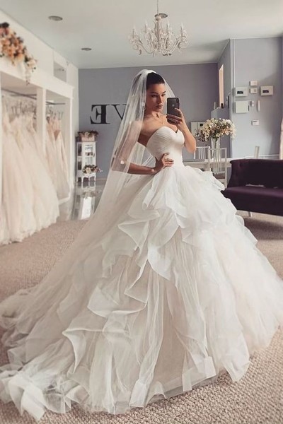 Strapless Tulle Ball Gown Wedding Dress with Horsehair Skirt,971