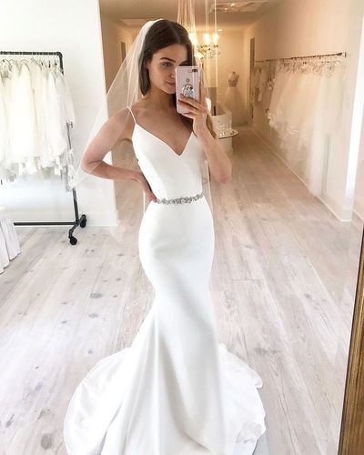 Simple Mermaid V White Satin Wedding Dresses with Beading