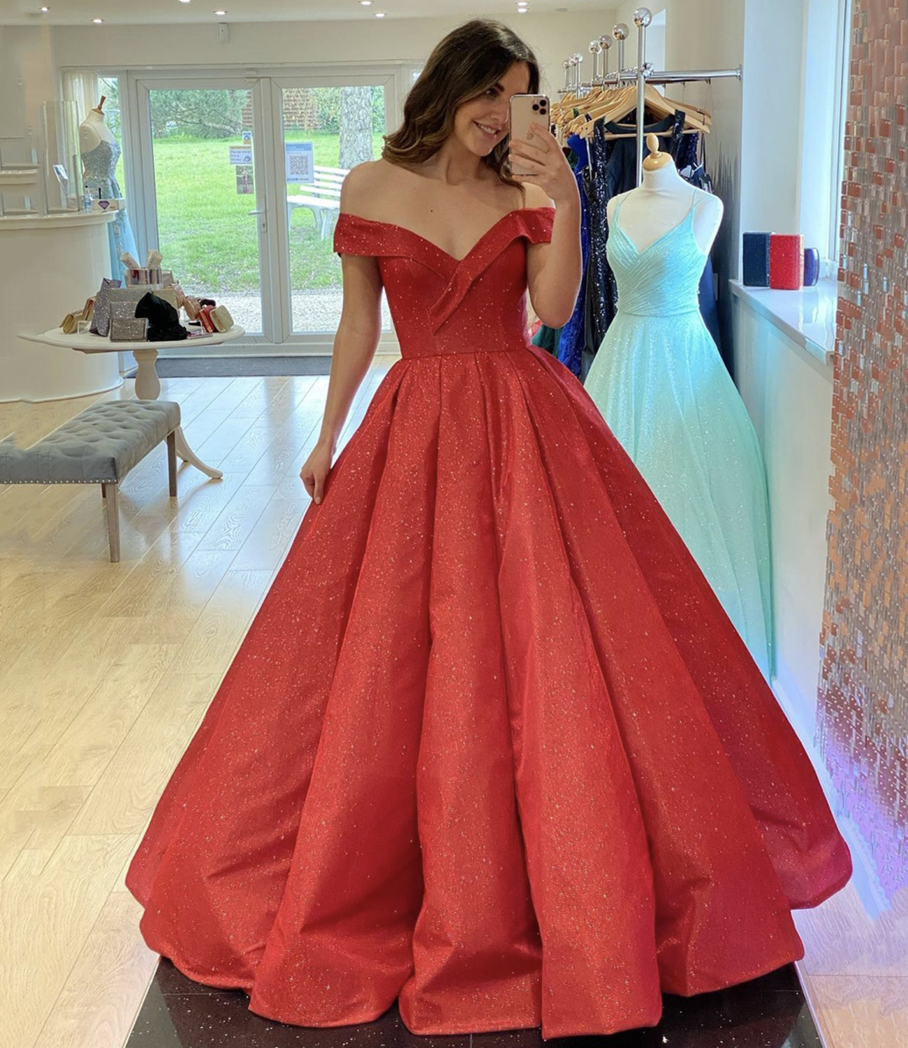 Red satin long A line ball gown dress fashion dress