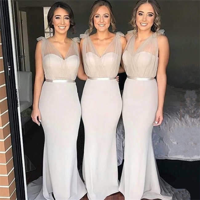 V-neck Sheer Tulle Sexy Bridesmaid Dresses | Sheath Sleeveless Maid Of Honor Dress,BD202137