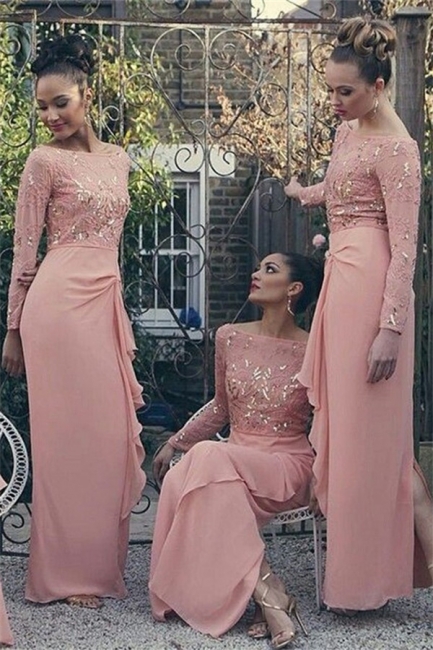 Bateau Long Sleeve Bridesmaid Dresses Pink Chiffon Long Sexy Dress for Maid of Honor,BD202143