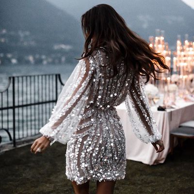 Chic sheath long sleeves white sequins short anniversary dresses,evening party dresses - Thumbnail 2