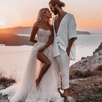 Romantic A-Line Sweetheart Ivory Tulle Beach Wedding Dresses with Slit - Thumbnail 1